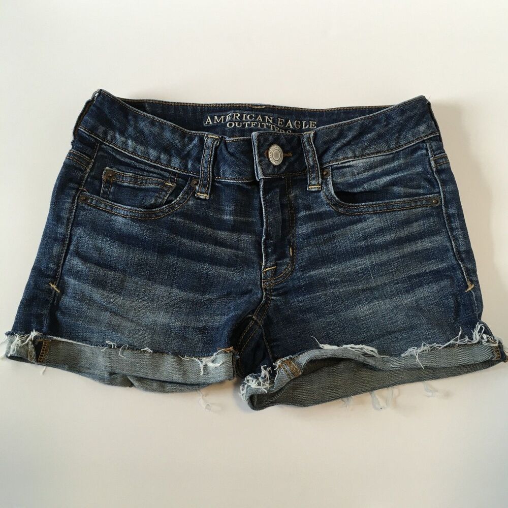 American Eagle Outfitters Super Stretch Shortie Shorts Size 2 Blue Distressed